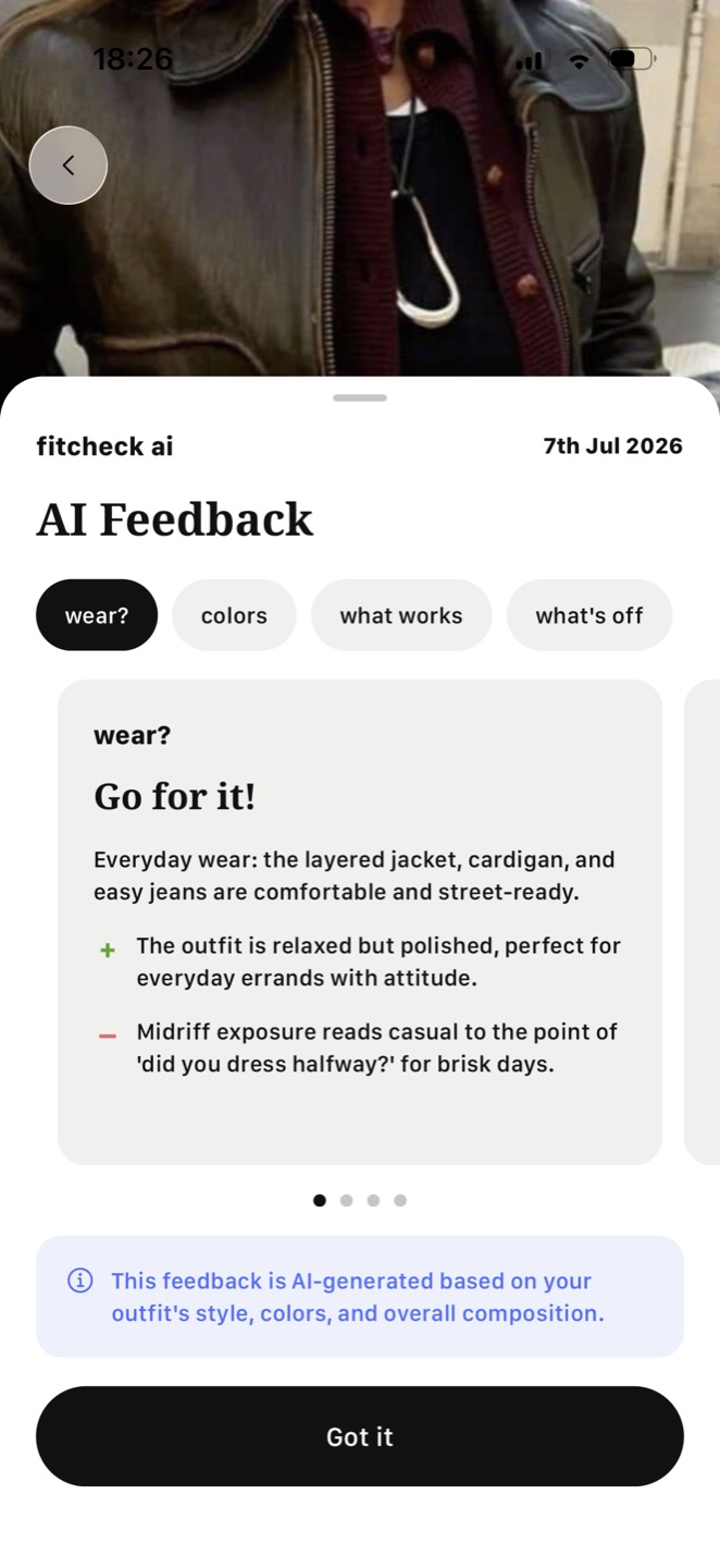 Fitcheck AI feedback screen answering whether to wear the outfit