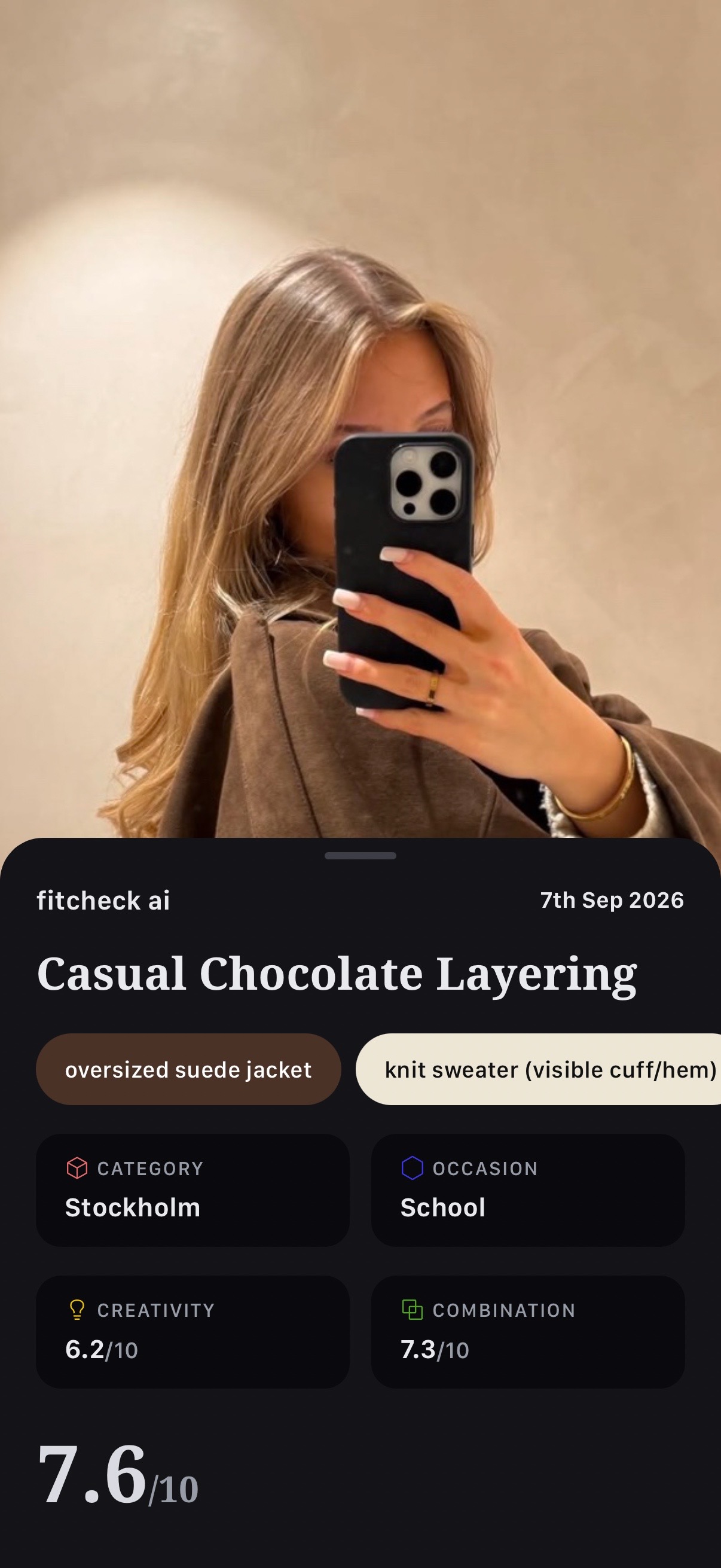 Fitcheck AI rating result in dark mode: Casual Chocolate Layering, scored 7.6 out of 10