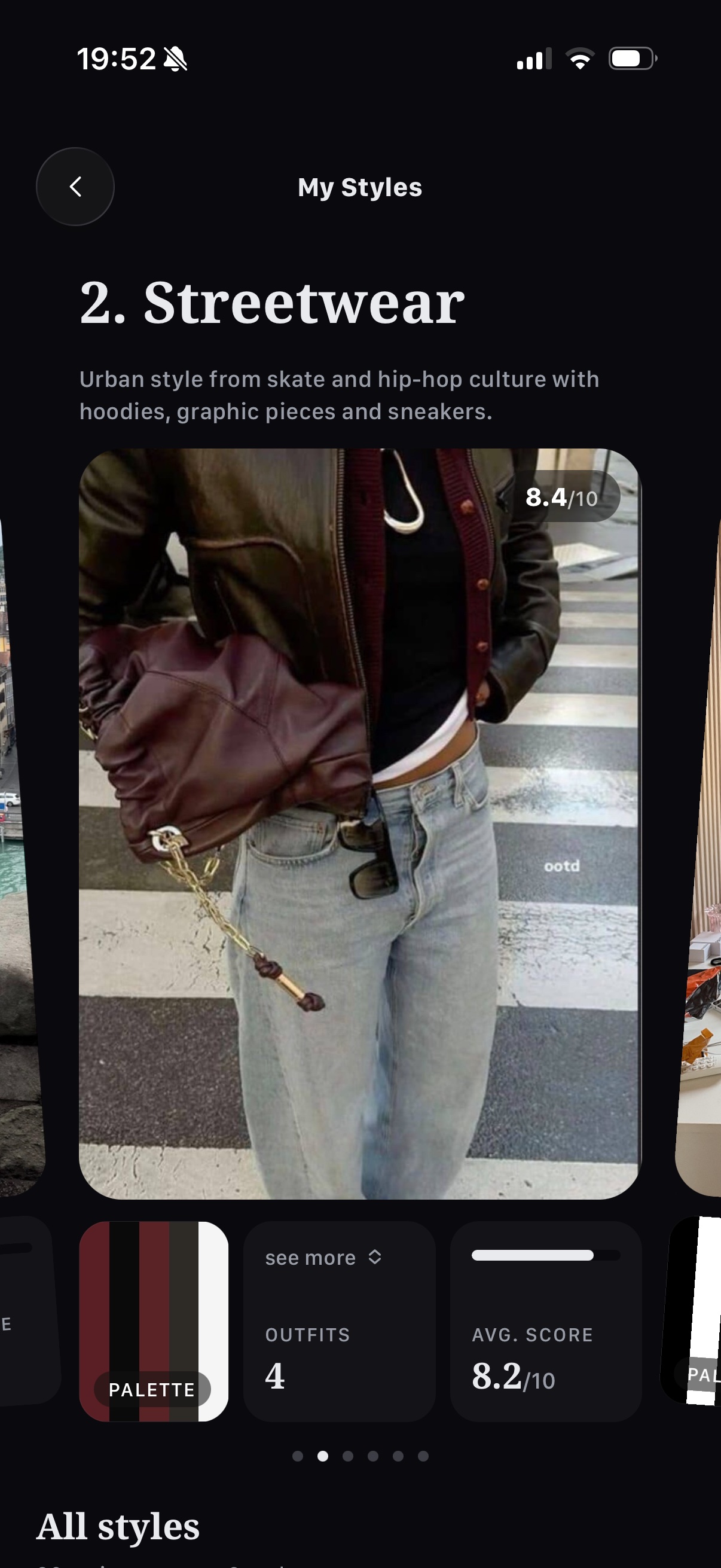 Fitcheck AI My Styles screen showing the Streetwear category with outfit count and average score
